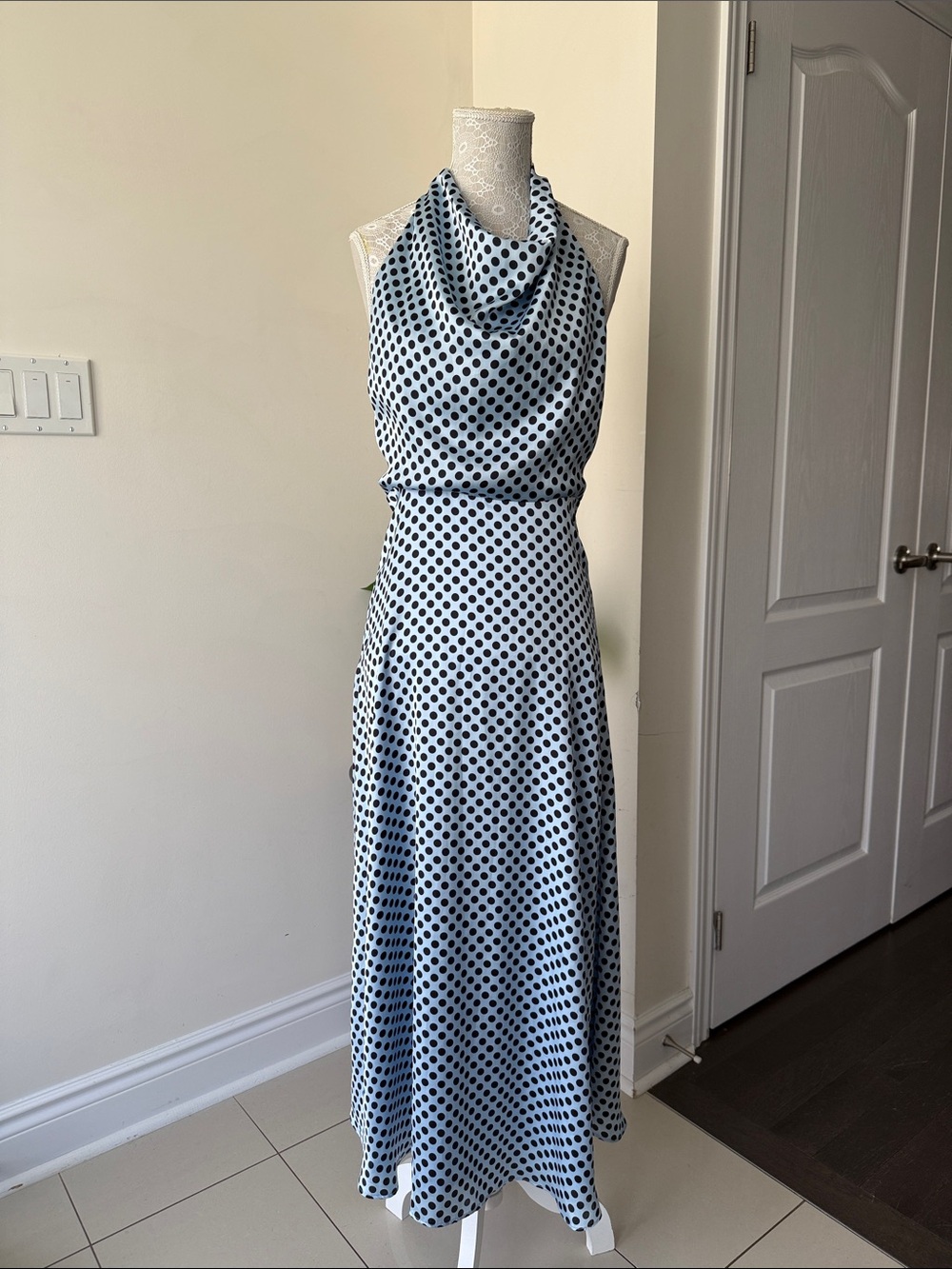 Zara Light Blue and Black Silk Polka Dot Cowl Neck Maxi Dress